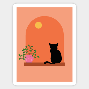 Minimalistic Illustration of Cat Sitting Boho Aesthetic Sticker